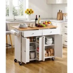 VEVOR Kitchen Island Cart with Storage, 47.64 in Wide Mobile Rolling Storage Island on Swivel Wheels, with 2 Drawers, Storage Cabinet, Drop Leaf, Towel Rack, Table for Home Dining Room, White