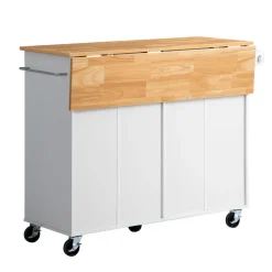 VEVOR Kitchen Island Cart with Storage, 47.64 in Wide Mobile Rolling Storage Island on Swivel Wheels, with 2 Drawers, Storage Cabinet, Drop Leaf, Towel Rack, Table for Home Dining Room, White