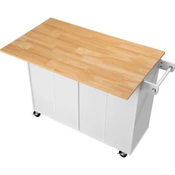 VEVOR Kitchen Island Cart with Storage, 47.64 in Wide Mobile Rolling Storage Island on Swivel Wheels, with 2 Drawers, Storage Cabinet, Drop Leaf, Towel Rack, Table for Home Dining Room, White