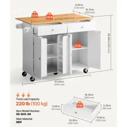 VEVOR Kitchen Island Cart with Storage, 47.64 in Wide Mobile Rolling Storage Island on Swivel Wheels, with 2 Drawers, Storage Cabinet, Drop Leaf, Towel Rack, Table for Home Dining Room, White