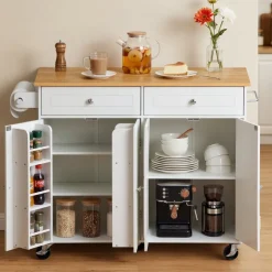 VEVOR Kitchen Island Cart with Storage, 47.64 in Wide Mobile Rolling Storage Island on Swivel Wheels, with 2 Drawers, Storage Cabinet, Drop Leaf, Towel Rack, Table for Home Dining Room, White