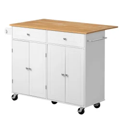 VEVOR Kitchen Island Cart with Storage, 47.64 in Wide Mobile Rolling Storage Island on Swivel Wheels, with 2 Drawers, Storage Cabinet, Drop Leaf, Towel Rack, Table for Home Dining Room, White