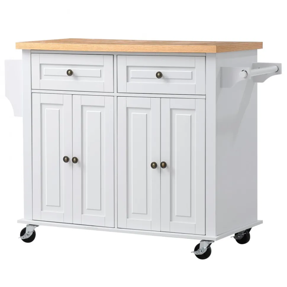 VEVOR Kitchen Island Cart with Storage, 43.7 in Wide Mobile Rolling Storage Island on Swivel Wheels, with 2 Drawers, Storage Cabinet, Spice/Towel Rack, Hooks, Table for Home Dining Room, White