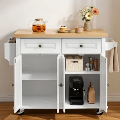 VEVOR Kitchen Island Cart with Storage, 43.7 in Wide Mobile Rolling Storage Island on Swivel Wheels, with 2 Drawers, Storage Cabinet, Spice/Towel Rack, Hooks, Table for Home Dining Room, White
