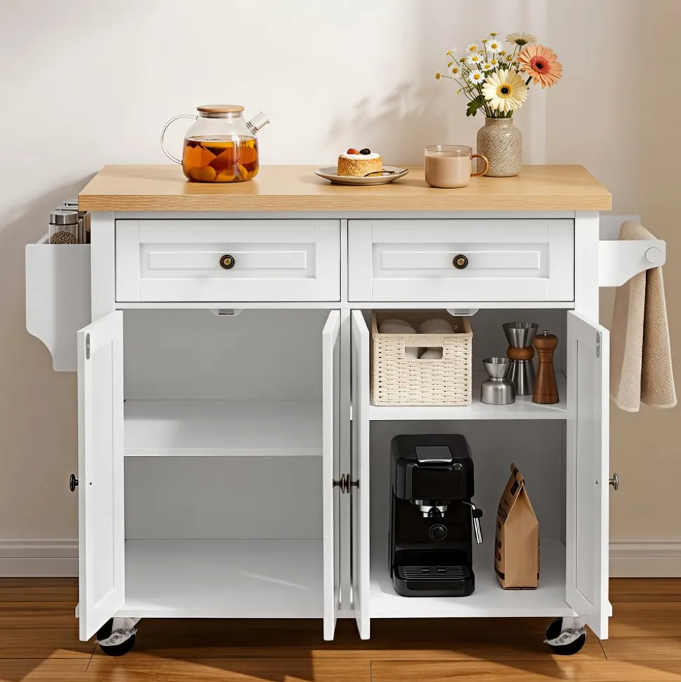 VEVOR Kitchen Island Cart with Storage, 43.7 in Wide Mobile Rolling Storage Island on Swivel Wheels, with 2 Drawers, Storage Cabinet, Spice/Towel Rack, Hooks, Table for Home Dining Room, White