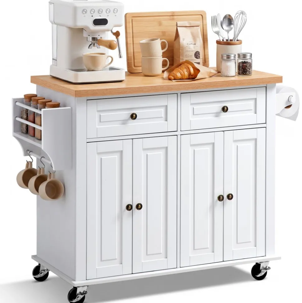 VEVOR Kitchen Island Cart with Storage, 43.7 in Wide Mobile Rolling Storage Island on Swivel Wheels, with 2 Drawers, Storage Cabinet, Spice/Towel Rack, Hooks, Table for Home Dining Room, White