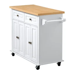 VEVOR Kitchen Island Cart with Storage, 43.7 in Wide Mobile Rolling Storage Island on Swivel Wheels, with 2 Drawers, Storage Cabinet, Spice/Towel Rack, Hooks, Table for Home Dining Room, White