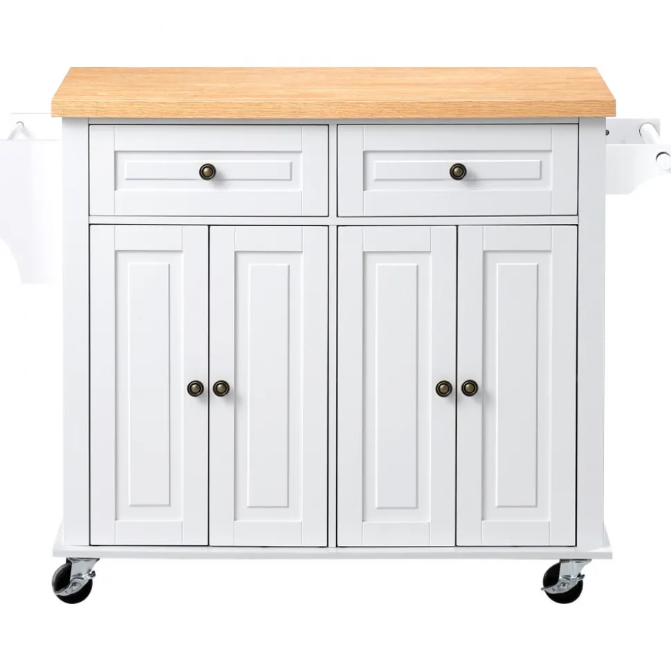 VEVOR Kitchen Island Cart with Storage, 43.7 in Wide Mobile Rolling Storage Island on Swivel Wheels, with 2 Drawers, Storage Cabinet, Spice/Towel Rack, Hooks, Table for Home Dining Room, White