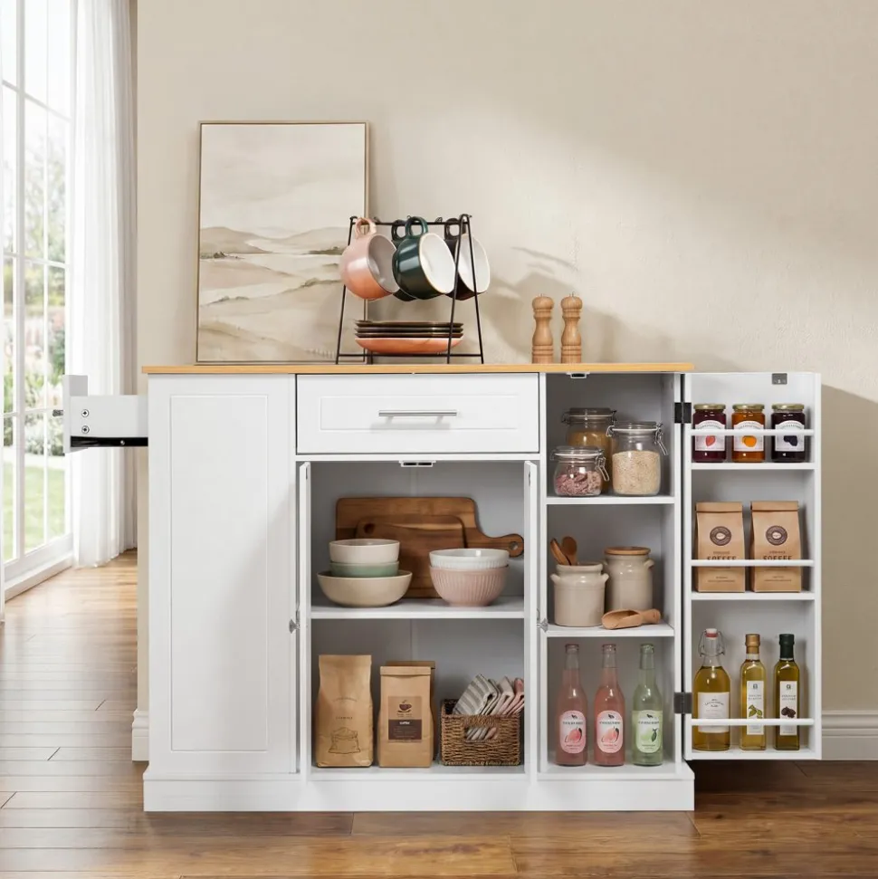 VEVOR Kitchen Island Cart with Solid Wood Top, 35.4" Width Mobile Carts with Storage Cabinet, Rolling Kitchen Table with Spice Rack, Towel Rack, and Drawer, Portable Islands on Wheels, White