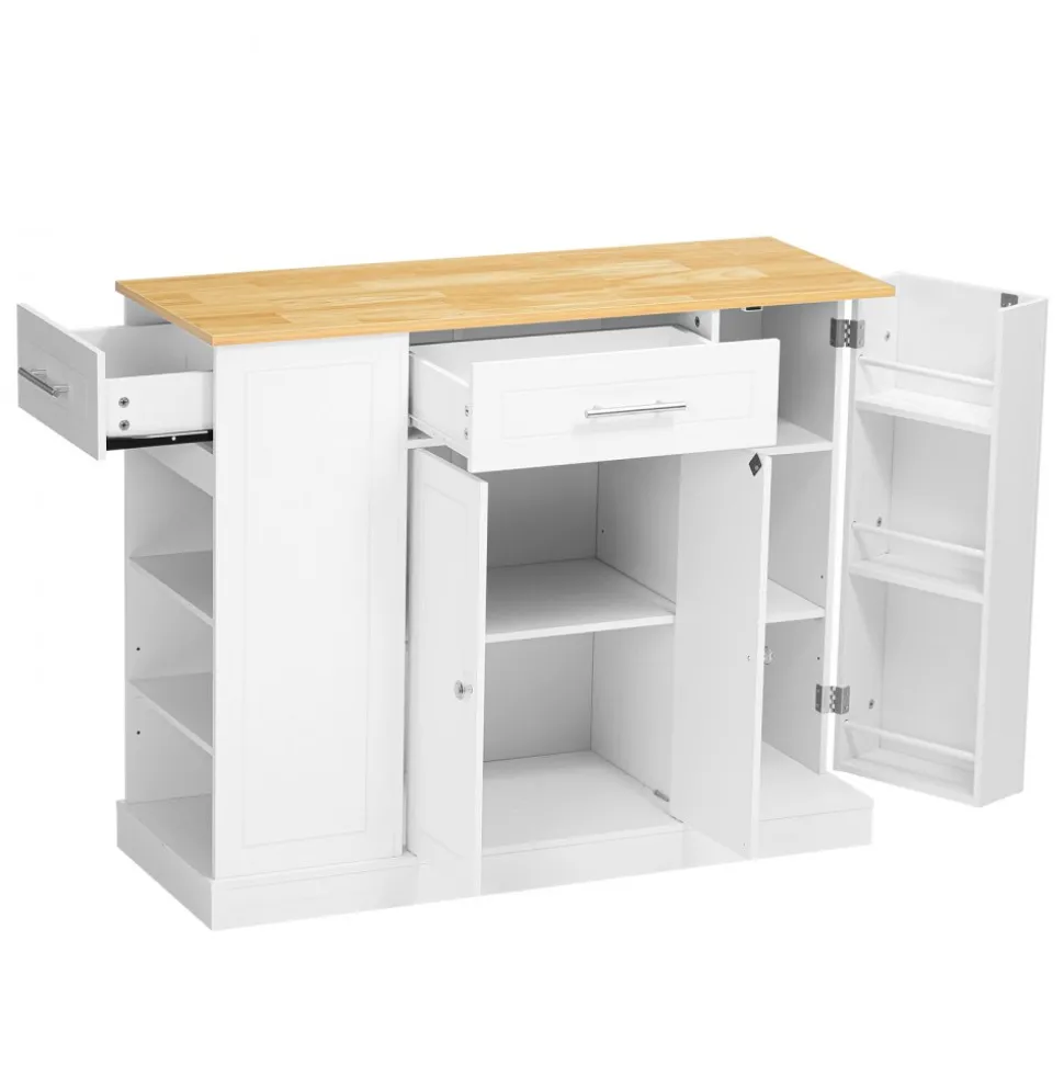 VEVOR Kitchen Island Cart with Solid Wood Top, 35.4" Width Mobile Carts with Storage Cabinet, Rolling Kitchen Table with Spice Rack, Towel Rack, and Drawer, Portable Islands on Wheels, White