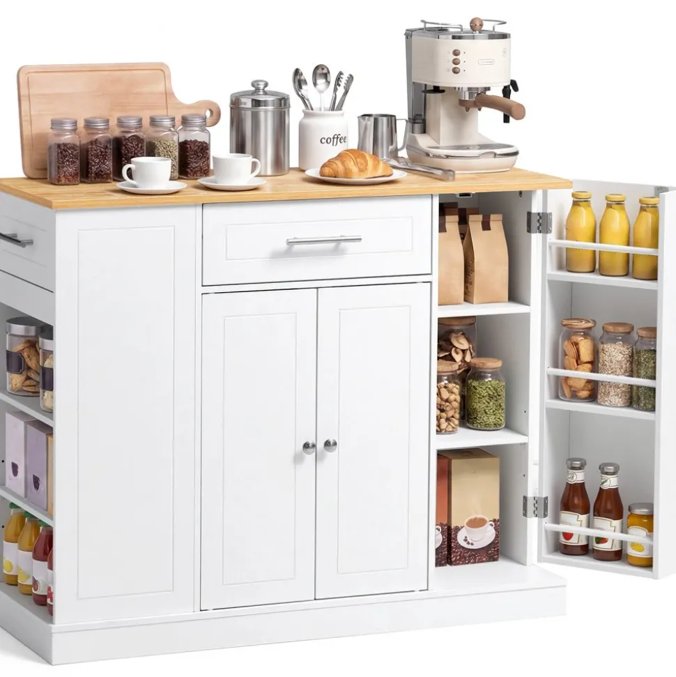 VEVOR Kitchen Island Cart with Solid Wood Top, 35.4" Width Mobile Carts with Storage Cabinet, Rolling Kitchen Table with Spice Rack, Towel Rack, and Drawer, Portable Islands on Wheels, White