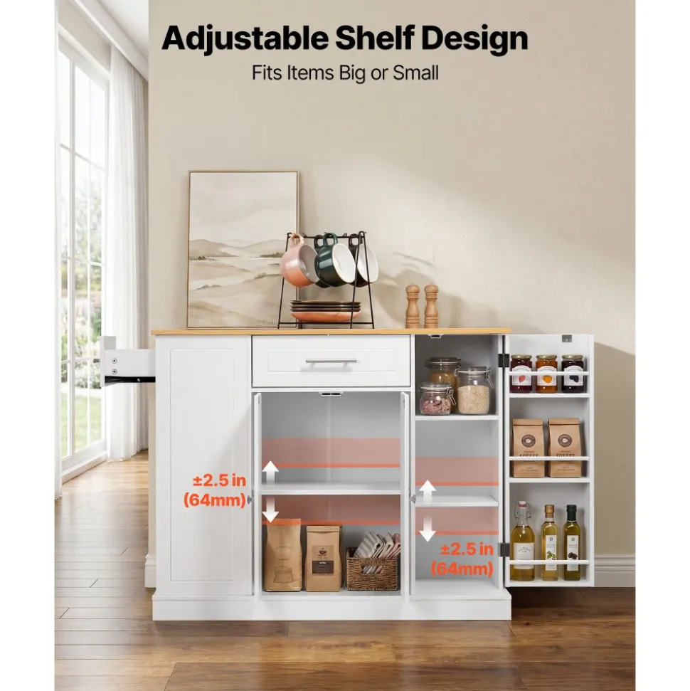 VEVOR Kitchen Island Cart with Solid Wood Top, 35.4" Width Mobile Carts with Storage Cabinet, Rolling Kitchen Table with Spice Rack, Towel Rack, and Drawer, Portable Islands on Wheels, White