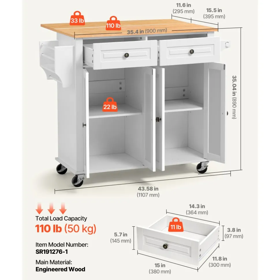 VEVOR Kitchen Island Cart with Storage, 43.7 in Wide Mobile Rolling Storage Island on Swivel Wheels, with 2 Drawers, Storage Cabinet, Spice/Towel Rack, Hooks, Table for Home Dining Room, Gray
