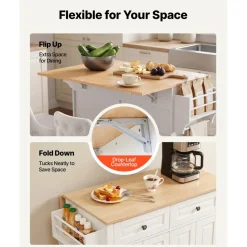 VEVOR Kitchen Island Cart with Storage, 43.7 in Wide Mobile Rolling Storage Island on Swivel Wheels, with 2 Drawers, Storage Cabinet, Spice/Towel Rack, Hooks, Table for Home Dining Room, Gray