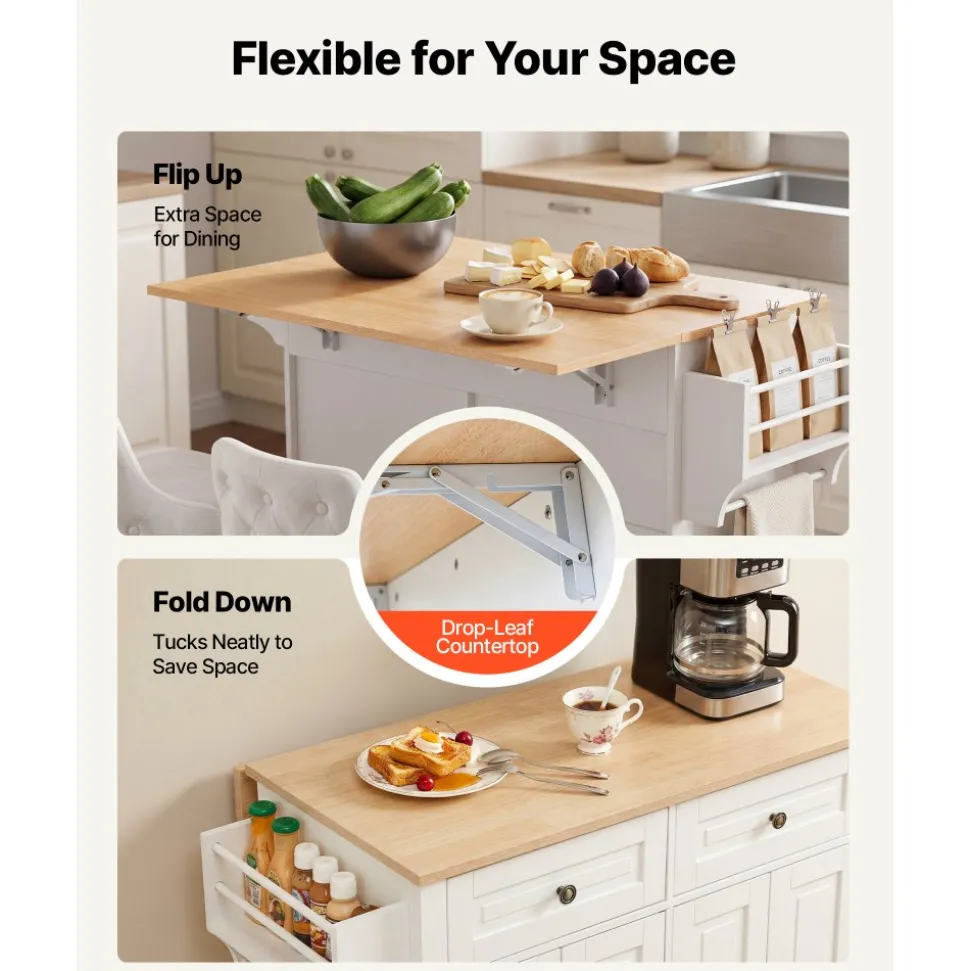 VEVOR Kitchen Island Cart with Storage, 43.7 in Wide Mobile Rolling Storage Island on Swivel Wheels, with 2 Drawers, Storage Cabinet, Spice/Towel Rack, Hooks, Table for Home Dining Room, Gray