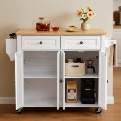 VEVOR Kitchen Island Cart with Storage, 43.7 in Wide Mobile Rolling Storage Island on Swivel Wheels, with 2 Drawers, Storage Cabinet, Spice/Towel Rack, Hooks, Table for Home Dining Room, Gray
