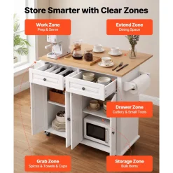 VEVOR Kitchen Island Cart with Storage, 43.7 in Wide Mobile Rolling Storage Island on Swivel Wheels, with 2 Drawers, Storage Cabinet, Spice/Towel Rack, Hooks, Table for Home Dining Room, Gray