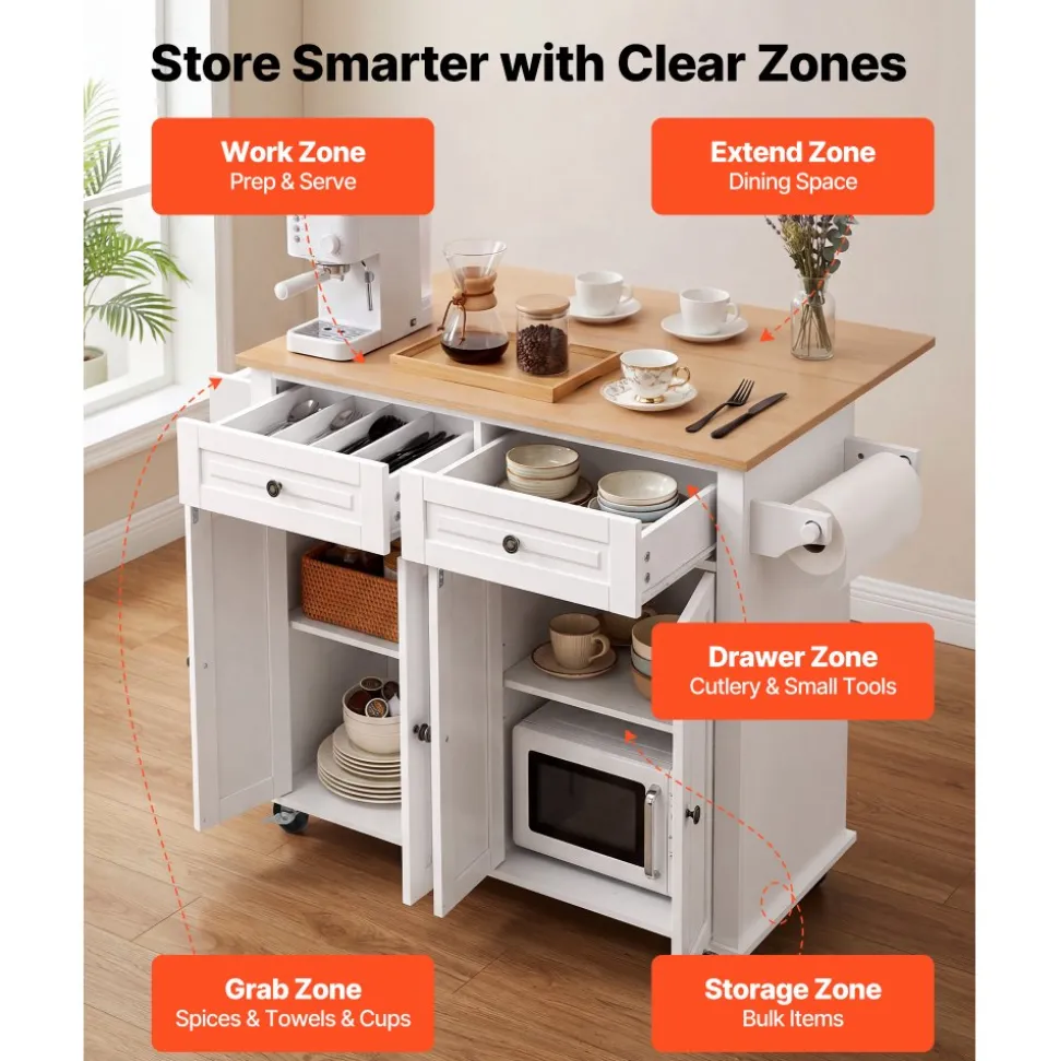 VEVOR Kitchen Island Cart with Storage, 43.7 in Wide Mobile Rolling Storage Island on Swivel Wheels, with 2 Drawers, Storage Cabinet, Spice/Towel Rack, Hooks, Table for Home Dining Room, Gray