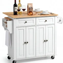 VEVOR Kitchen Island Cart with Storage, 43.7 in Wide Mobile Rolling Storage Island on Swivel Wheels, with 2 Drawers, Storage Cabinet, Spice/Towel Rack, Hooks, Table for Home Dining Room, Gray