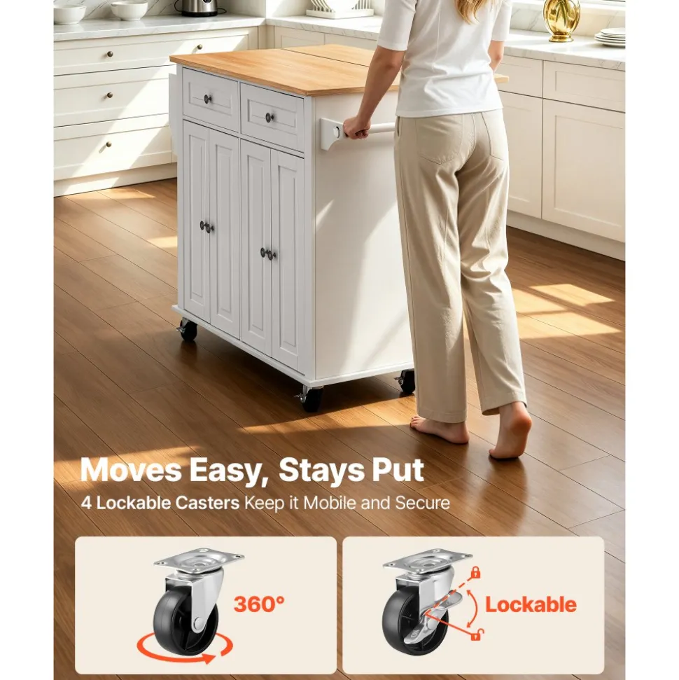 VEVOR Kitchen Island Cart with Storage, 43.7 in Wide Mobile Rolling Storage Island on Swivel Wheels, with 2 Drawers, Storage Cabinet, Spice/Towel Rack, Hooks, Table for Home Dining Room, Gray