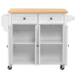 VEVOR Kitchen Island Cart with Storage, 43.7 in Wide Mobile Rolling Storage Island on Swivel Wheels, with 2 Drawers, Storage Cabinet, Spice/Towel Rack, Hooks, Table for Home Dining Room, Gray