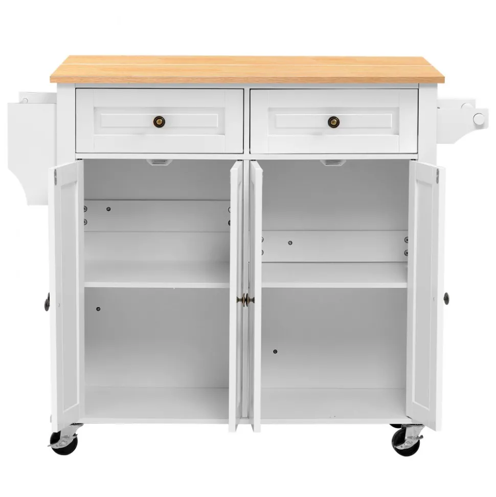 VEVOR Kitchen Island Cart with Storage, 43.7 in Wide Mobile Rolling Storage Island on Swivel Wheels, with 2 Drawers, Storage Cabinet, Spice/Towel Rack, Hooks, Table for Home Dining Room, Gray