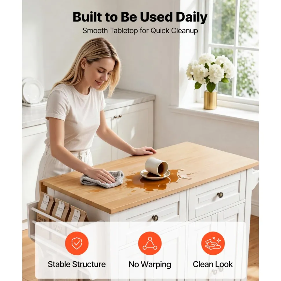 VEVOR Kitchen Island Cart with Storage, 43.7 in Wide Mobile Rolling Storage Island on Swivel Wheels, with 2 Drawers, Storage Cabinet, Spice/Towel Rack, Hooks, Table for Home Dining Room, Gray