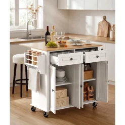 VEVOR Kitchen Island Cart with Storage, 43.7 in Wide Mobile Rolling Storage Island on Swivel Wheels, with 2 Drawers, Storage Cabinet, Spice/Towel Rack, Hooks, Table for Home Dining Room, Gray