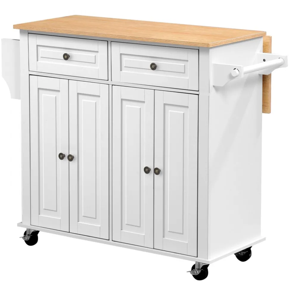 VEVOR Kitchen Island Cart with Storage, 43.7 in Wide Mobile Rolling Storage Island on Swivel Wheels, with 2 Drawers, Storage Cabinet, Spice/Towel Rack, Hooks, Table for Home Dining Room, Gray