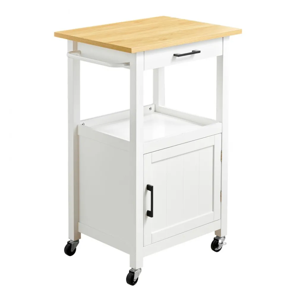 VEVOR Kitchen Island Cart, with Solid Wood Top and Storage Cabinet, Mobile Rolling Table with Drop Leaf, Drawers, Spice Towel Rack, Portable Islands on Swivel Wheels for Dining Room, 52in Width, White