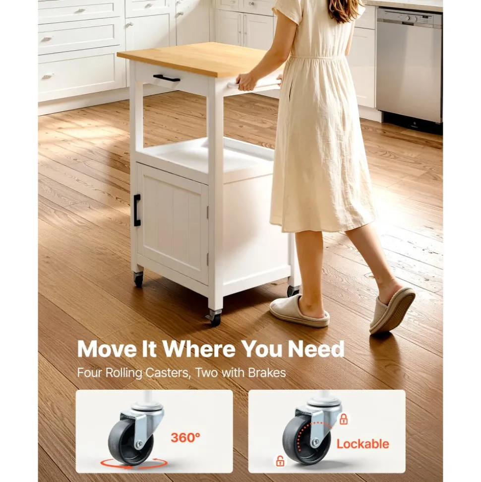 VEVOR Kitchen Island Cart, with Solid Wood Top and Storage Cabinet, Mobile Rolling Table with Drop Leaf, Drawers, Spice Towel Rack, Portable Islands on Swivel Wheels for Dining Room, 52in Width, White