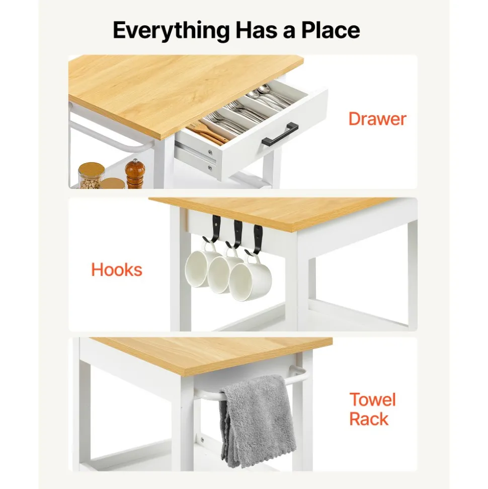 VEVOR Kitchen Island Cart, with Solid Wood Top and Storage Cabinet, Mobile Rolling Table with Drop Leaf, Drawers, Spice Towel Rack, Portable Islands on Swivel Wheels for Dining Room, 52in Width, White