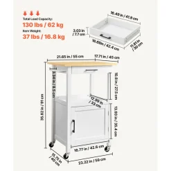 VEVOR Kitchen Island Cart, with Solid Wood Top and Storage Cabinet, Mobile Rolling Table with Drop Leaf, Drawers, Spice Towel Rack, Portable Islands on Swivel Wheels for Dining Room, 52in Width, White