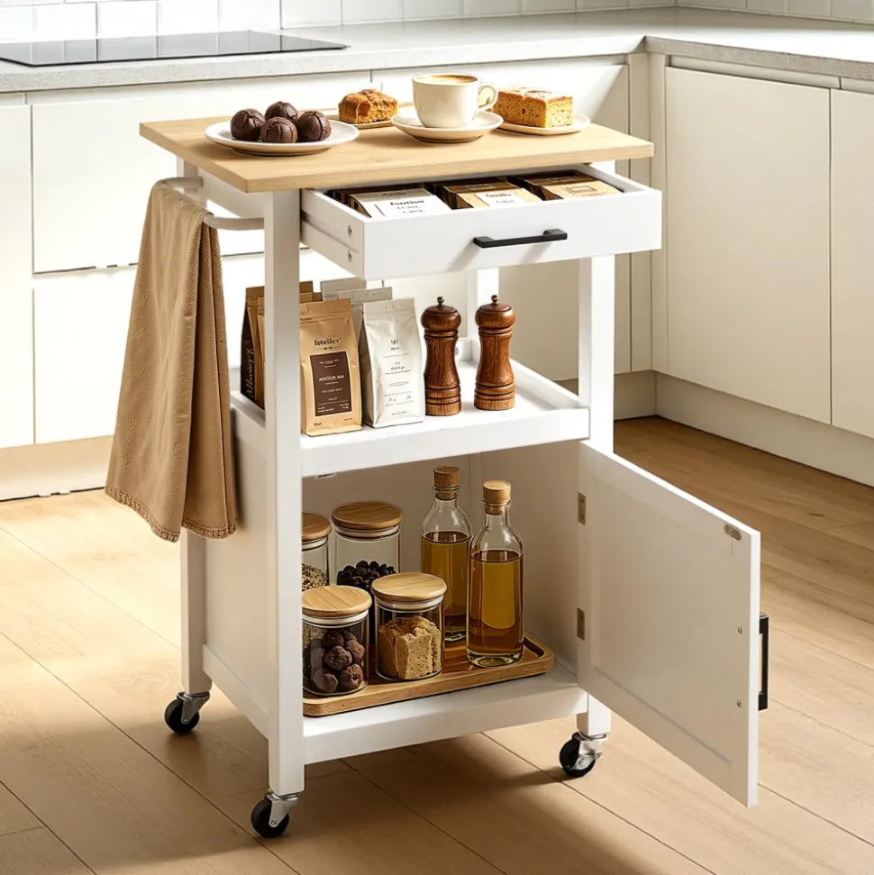 VEVOR Kitchen Island Cart, with Solid Wood Top and Storage Cabinet, Mobile Rolling Table with Drop Leaf, Drawers, Spice Towel Rack, Portable Islands on Swivel Wheels for Dining Room, 52in Width, White