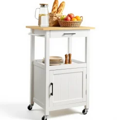 VEVOR Kitchen Island Cart, with Solid Wood Top and Storage Cabinet, Mobile Rolling Table with Drop Leaf, Drawers, Spice Towel Rack, Portable Islands on Swivel Wheels for Dining Room, 52in Width, White