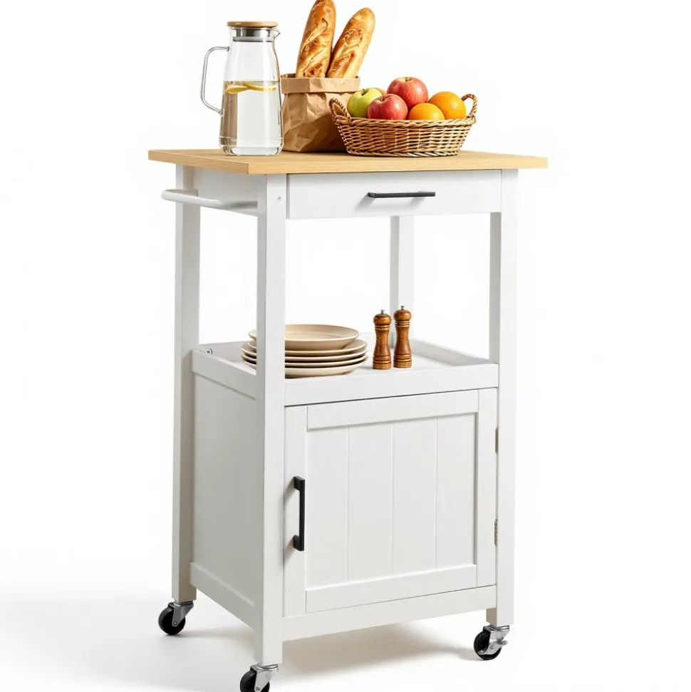 VEVOR Kitchen Island Cart, with Solid Wood Top and Storage Cabinet, Mobile Rolling Table with Drop Leaf, Drawers, Spice Towel Rack, Portable Islands on Swivel Wheels for Dining Room, 52in Width, White