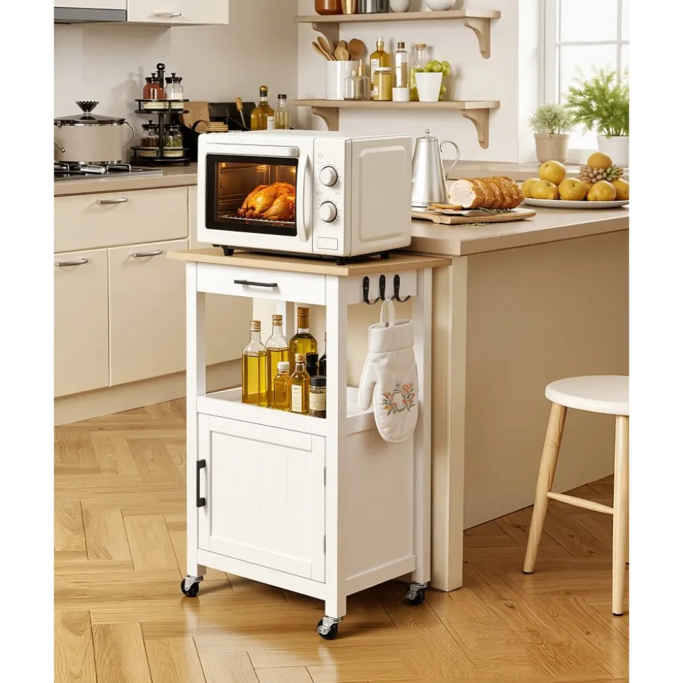 VEVOR Kitchen Island Cart, with Solid Wood Top and Storage Cabinet, Mobile Rolling Table with Drop Leaf, Drawers, Spice Towel Rack, Portable Islands on Swivel Wheels for Dining Room, 52in Width, White