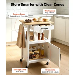 VEVOR Kitchen Island Cart, with Solid Wood Top and Storage Cabinet, Mobile Rolling Table with Drop Leaf, Drawers, Spice Towel Rack, Portable Islands on Swivel Wheels for Dining Room, 52in Width, White