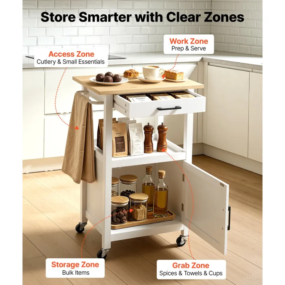 VEVOR Kitchen Island Cart, with Solid Wood Top and Storage Cabinet, Mobile Rolling Table with Drop Leaf, Drawers, Spice Towel Rack, Portable Islands on Swivel Wheels for Dining Room, 52in Width, White