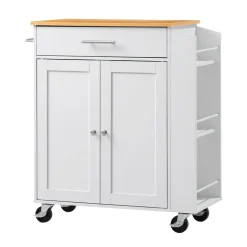 VEVOR Kitchen Island Cart with Storage, 46.06 in Wide Mobile Rolling Storage Island on Swivel Wheels, with Drawer, Storage Cabinet, Drop Leaf, Spice/Towel Rack, Table for Home Dining Room, White