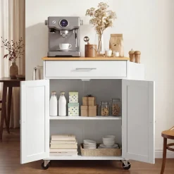 VEVOR Kitchen Island Cart with Storage, 46.06 in Wide Mobile Rolling Storage Island on Swivel Wheels, with Drawer, Storage Cabinet, Drop Leaf, Spice/Towel Rack, Table for Home Dining Room, White