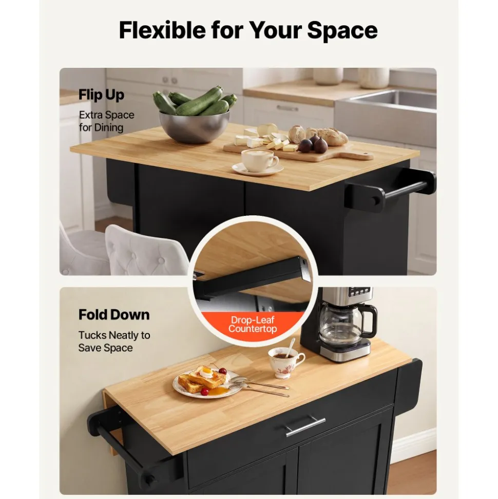 VEVOR Kitchen Island Cart with Storage, 42.4 in Wide Mobile Rolling Storage Island on Swivel Wheels, with 3 Drawers, Storage Cabinet, Drop Leaf, Towel Rack, Table for Home Dining Room, Black