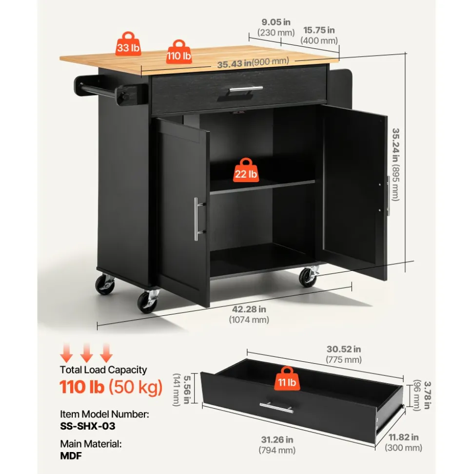 VEVOR Kitchen Island Cart with Storage, 42.4 in Wide Mobile Rolling Storage Island on Swivel Wheels, with 3 Drawers, Storage Cabinet, Drop Leaf, Towel Rack, Table for Home Dining Room, Black