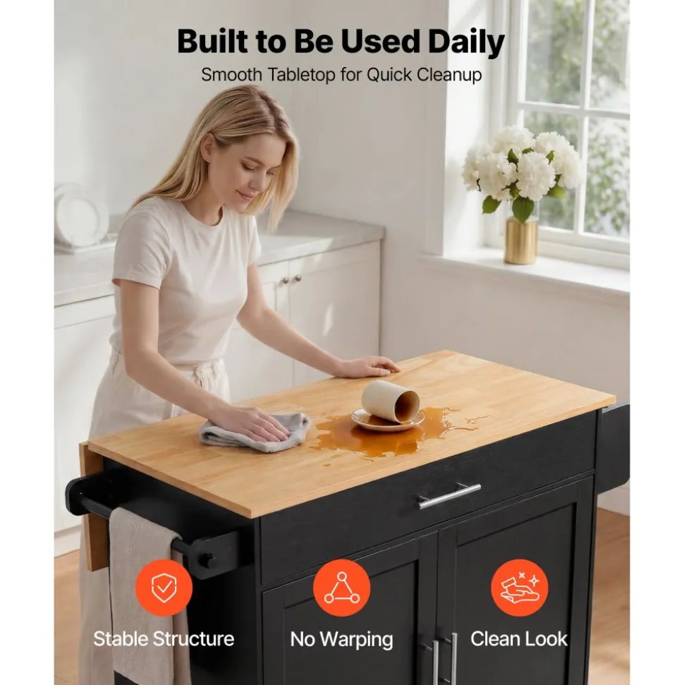 VEVOR Kitchen Island Cart with Storage, 42.4 in Wide Mobile Rolling Storage Island on Swivel Wheels, with 3 Drawers, Storage Cabinet, Drop Leaf, Towel Rack, Table for Home Dining Room, Black