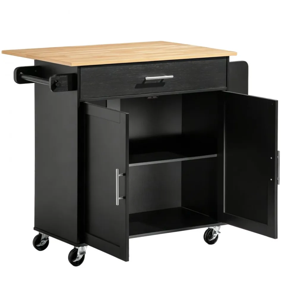 VEVOR Kitchen Island Cart with Storage, 42.4 in Wide Mobile Rolling Storage Island on Swivel Wheels, with 3 Drawers, Storage Cabinet, Drop Leaf, Towel Rack, Table for Home Dining Room, Black