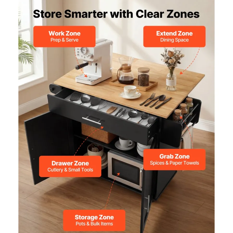 VEVOR Kitchen Island Cart with Storage, 42.4 in Wide Mobile Rolling Storage Island on Swivel Wheels, with 3 Drawers, Storage Cabinet, Drop Leaf, Towel Rack, Table for Home Dining Room, Black