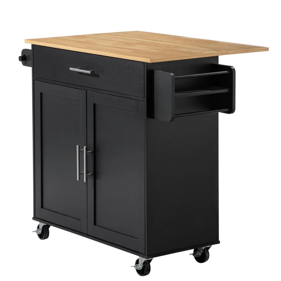VEVOR Kitchen Island Cart with Storage, 42.4 in Wide Mobile Rolling Storage Island on Swivel Wheels, with 3 Drawers, Storage Cabinet, Drop Leaf, Towel Rack, Table for Home Dining Room, Black