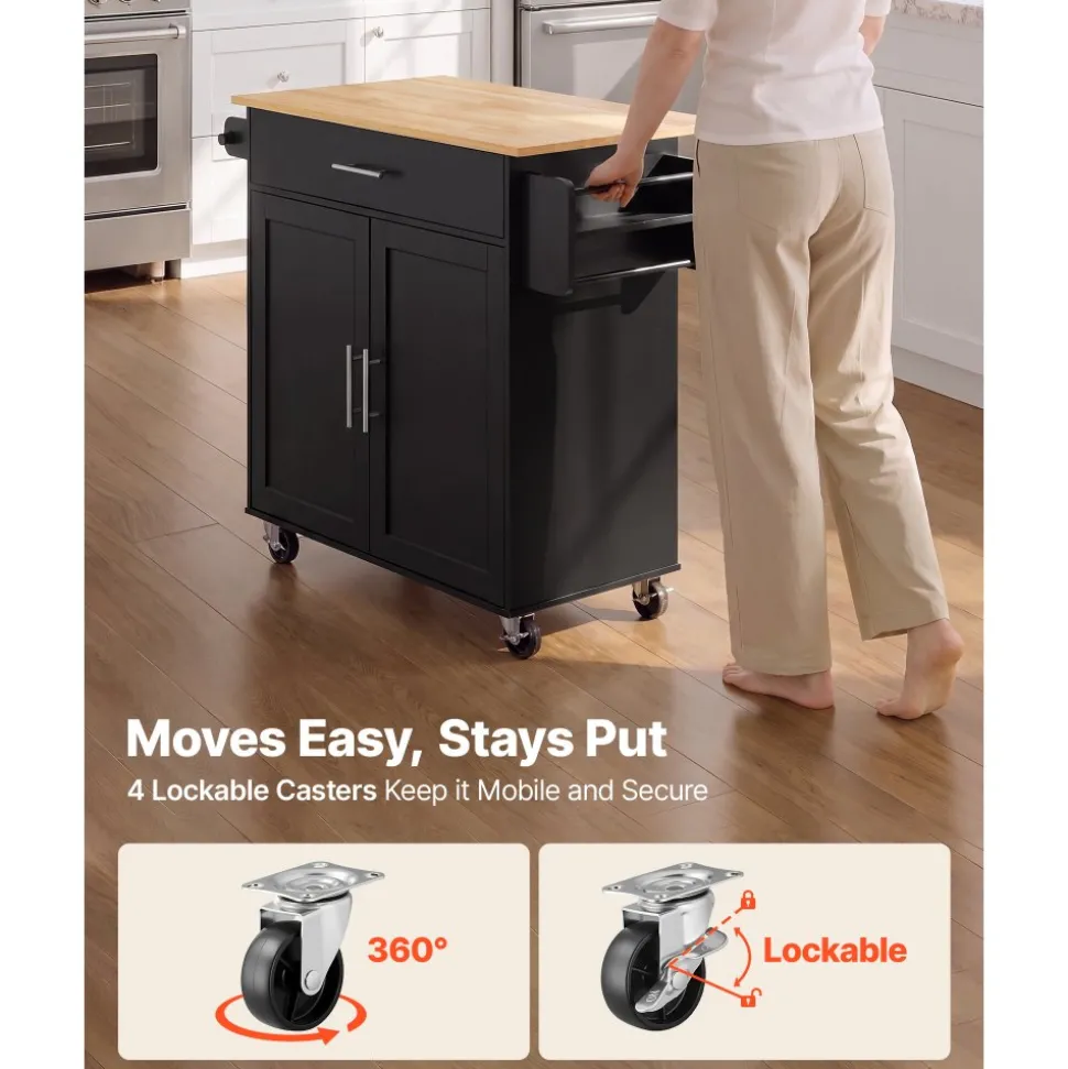 VEVOR Kitchen Island Cart with Storage, 42.4 in Wide Mobile Rolling Storage Island on Swivel Wheels, with 3 Drawers, Storage Cabinet, Drop Leaf, Towel Rack, Table for Home Dining Room, Black