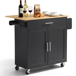 VEVOR Kitchen Island Cart with Storage, 42.4 in Wide Mobile Rolling Storage Island on Swivel Wheels, with 3 Drawers, Storage Cabinet, Drop Leaf, Towel Rack, Table for Home Dining Room, Black