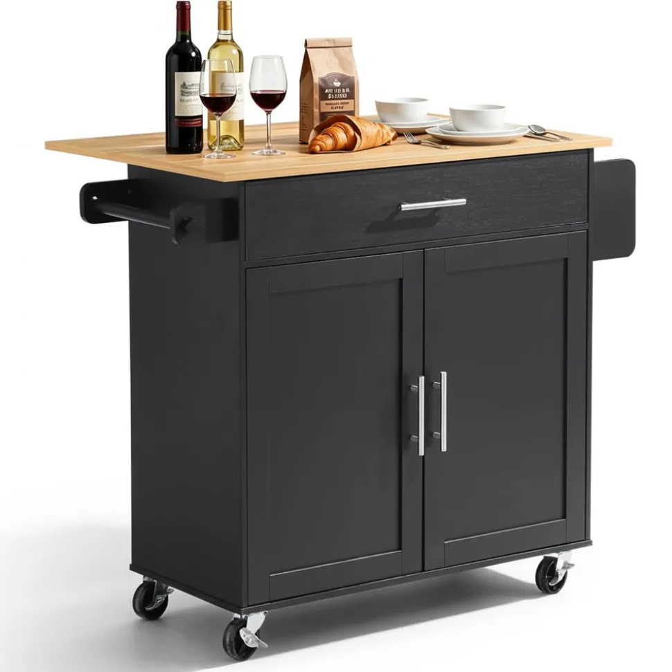 VEVOR Kitchen Island Cart with Storage, 42.4 in Wide Mobile Rolling Storage Island on Swivel Wheels, with 3 Drawers, Storage Cabinet, Drop Leaf, Towel Rack, Table for Home Dining Room, Black
